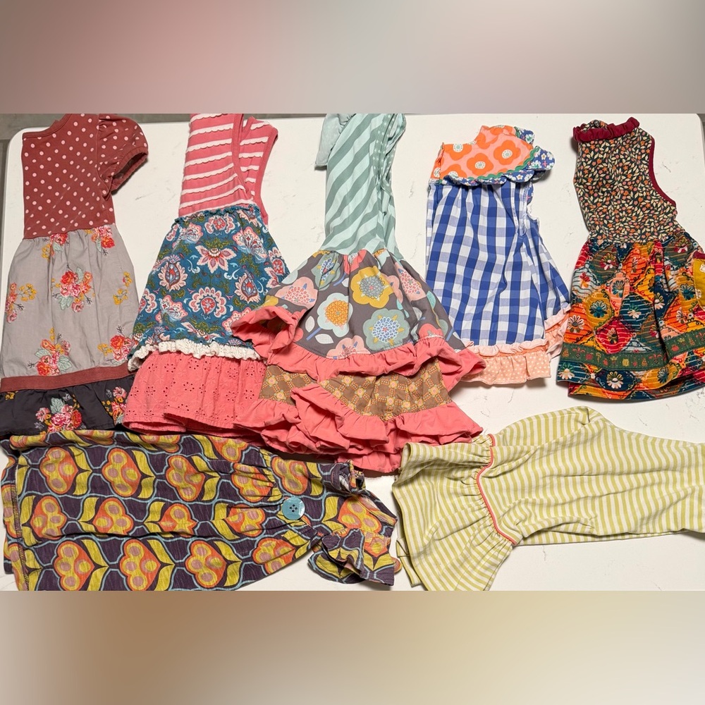 Lot of 7 Matilda Jane clothing. 4 dresses, 2 tops, 1 pants. Size 2 & 18-24 mths